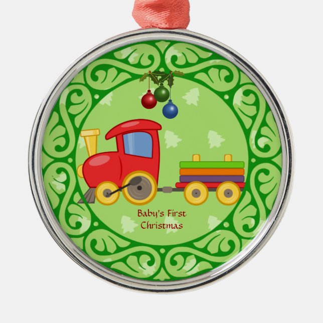 Toy Train, Baby's First Christmas Metal Ornament (Front)