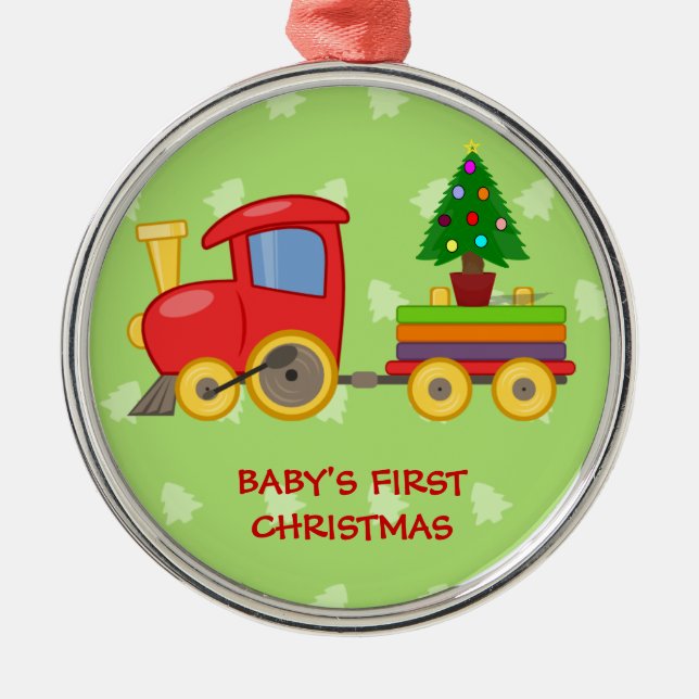Toy Train, Baby's First Christmas Metal Ornament (Front)
