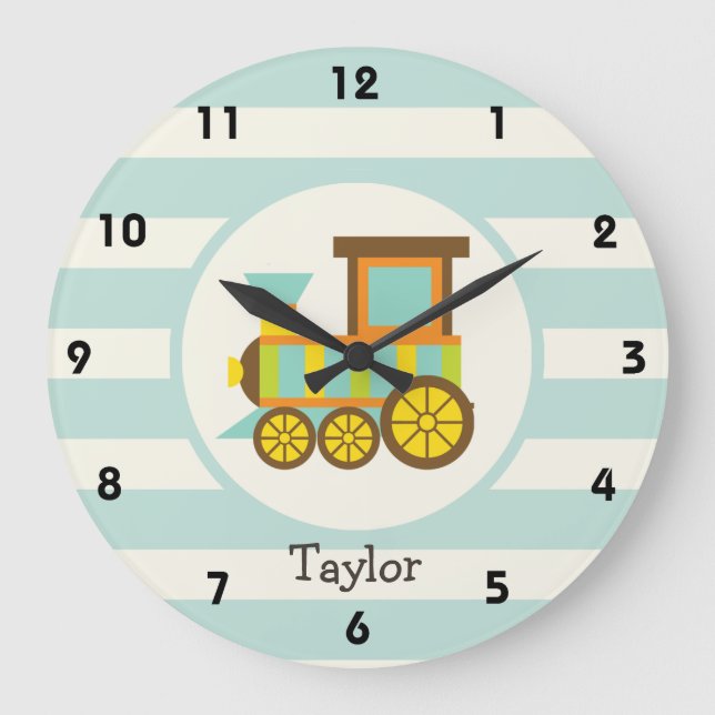 Toy Train; Brown, Orange, Yellow, Teal, Blue Large Clock (Front)