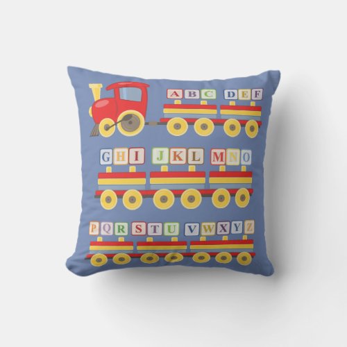Toy Train Carrying Alphabet Blocks Blue Throw Pillow