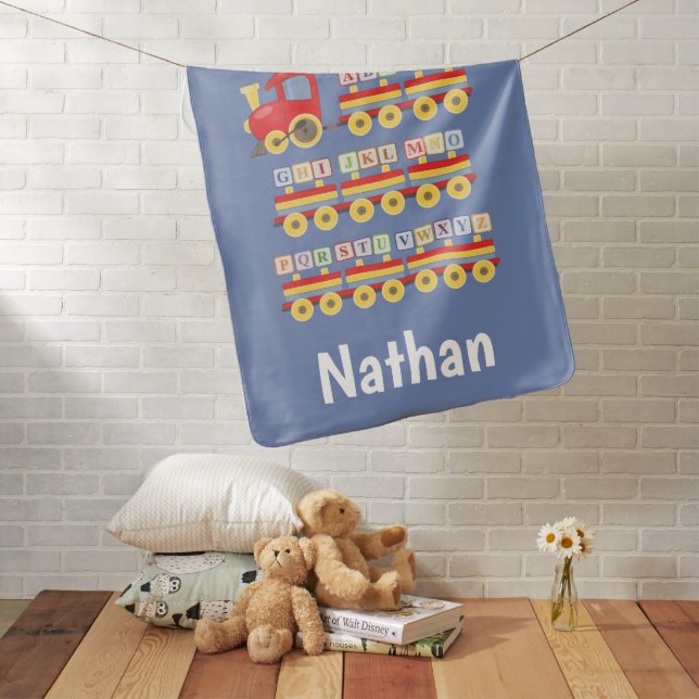 Toy Train Carrying Alphabet Blocks Personalised Baby Blanket (In Situ)
