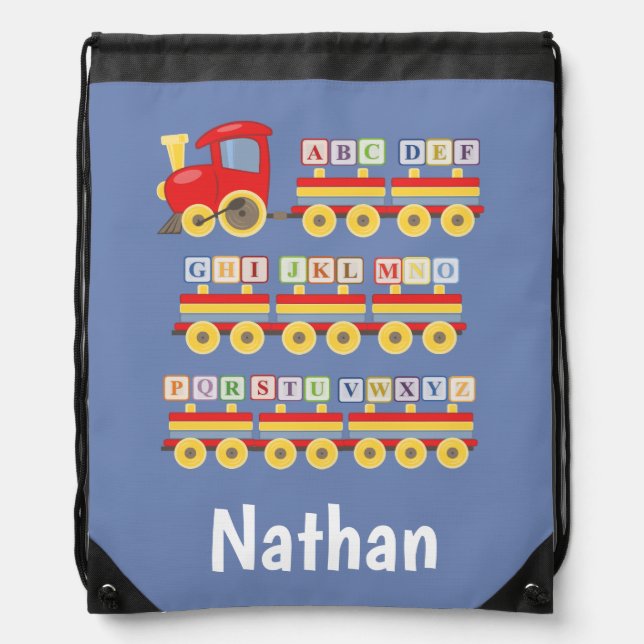 Toy Train Carrying Alphabet Blocks Personalised Drawstring Bag (Front)