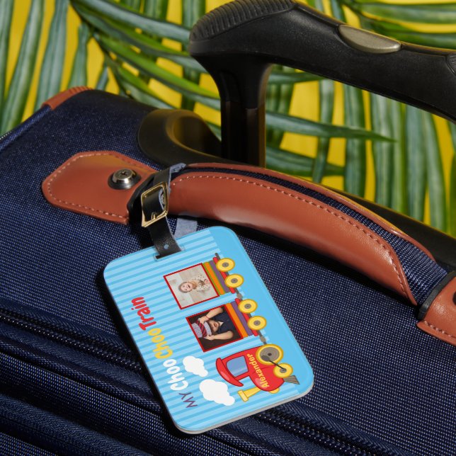 Toy Train Toddler Boy Birthday Blue Luggage Tag (Front Insitu 1)