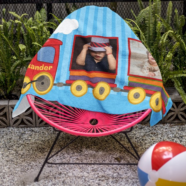 Toy Train Toddler Boys Birthday Blue Beach Towel (Creator Uploaded)