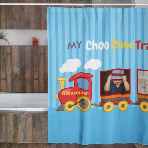 Toy Train Toddler Boys Birthday Blue Shower Curtain