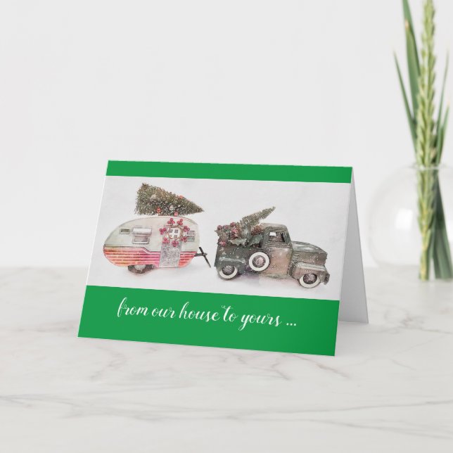 toy truck travel trailer Christmas on green  Card (Front)