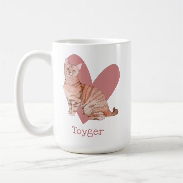Toyger Cat Watercolor Kitty Pink Heart Coffee Mug (Left)