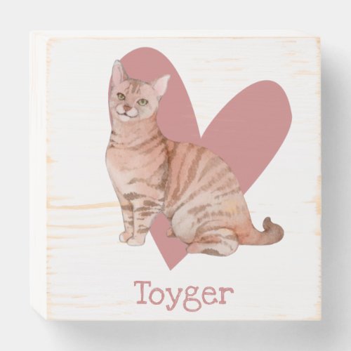 Toyger Cat Watercolor Kitty Pink Heart Wooden Box Sign