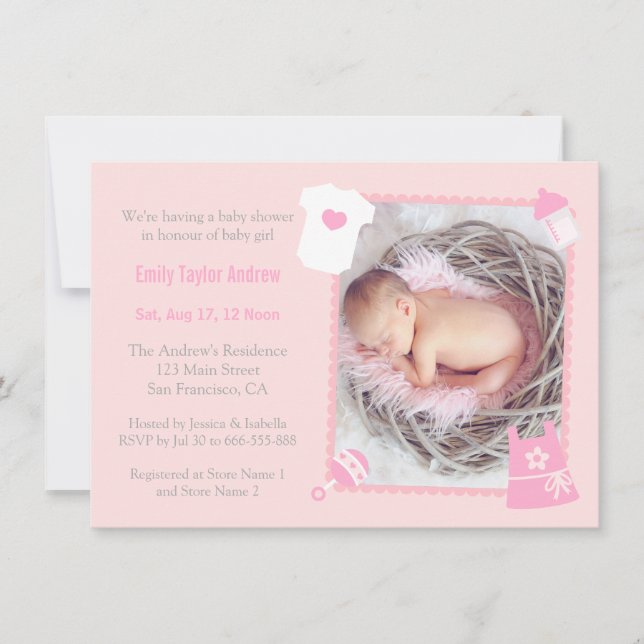 Toys and Bottle Photo Baby Girl Shower Invitations (Front)