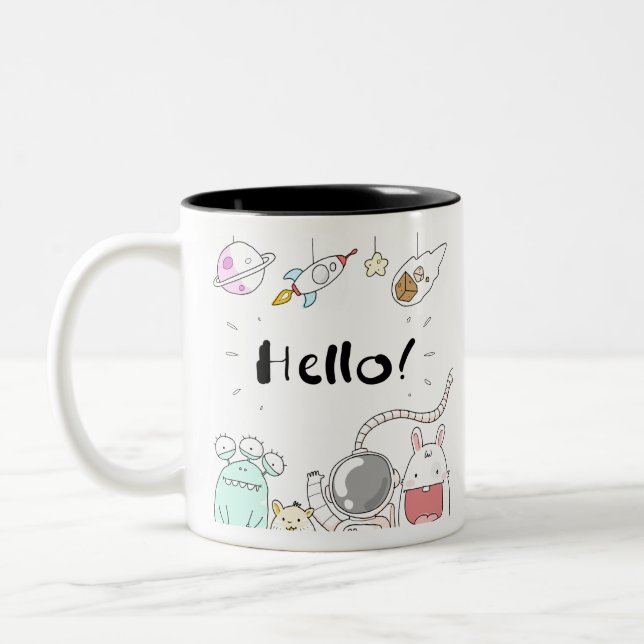 Toys Astronaut Rocket Planet Galaxy Alien Monster. Two-Tone Coffee Mug (Left)