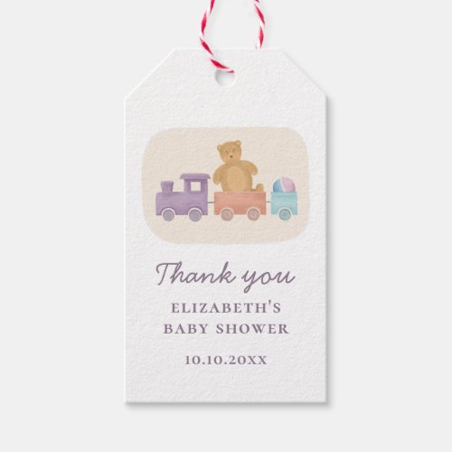 Toys train and bear Neutral baby shower thank you Gift Tags