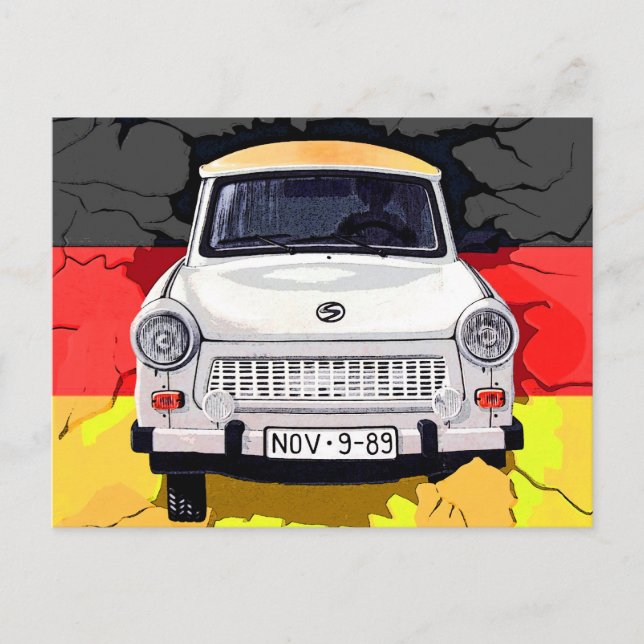 Trabant Car and German Flag, Berlin Wall Postcard (Front)
