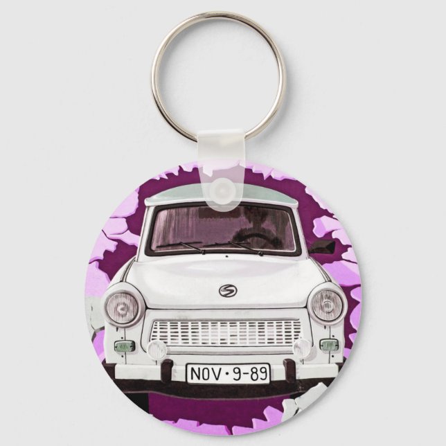 Trabant Car and Pink/Lilac Berlin Wall Keychain (Front)