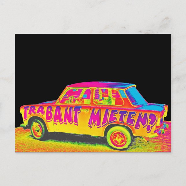 Trabant Car , Raibow Effect, Black Back, Berlin Postcard (Front)