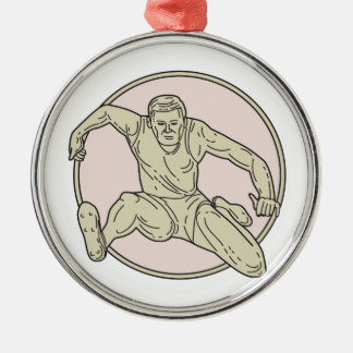 Track and Field Athlete Hurdle Circle Mono Line Metal Ornament