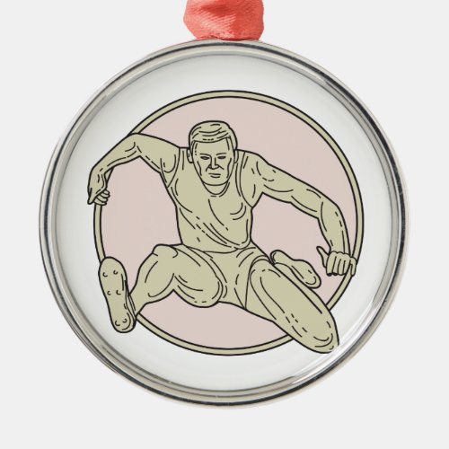 Track and Field Athlete Hurdle Circle Mono Line Metal Ornament