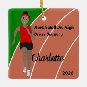 Track and Field Girl Black Hair in Red Ceramic Ornament