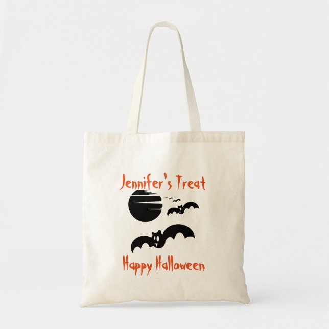 Track or Treat Bat's Personalized Halloween Tote Bag (Front)