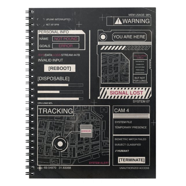 Tracking - Techno-Brutalist Streetwear Design Notebook (Front)