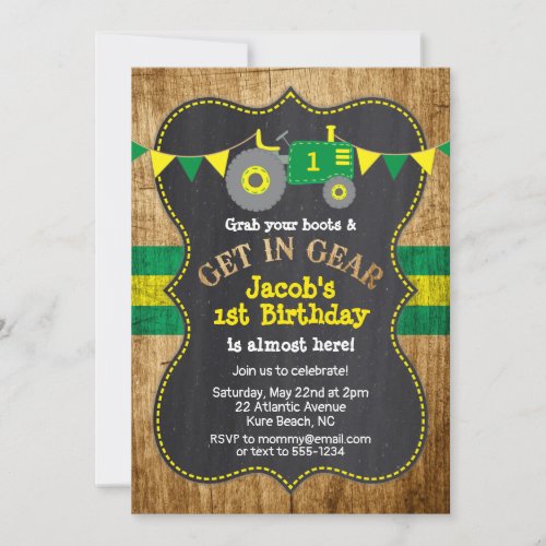 Tractor 1st Birthday Boy Party Green Yellow Invitation