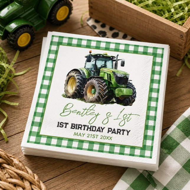 Tractor 1st Birthday Party Fun Farm  Napkins (Fun Blue Farm Green Tractor 1st Birthday Party paper napkins

)