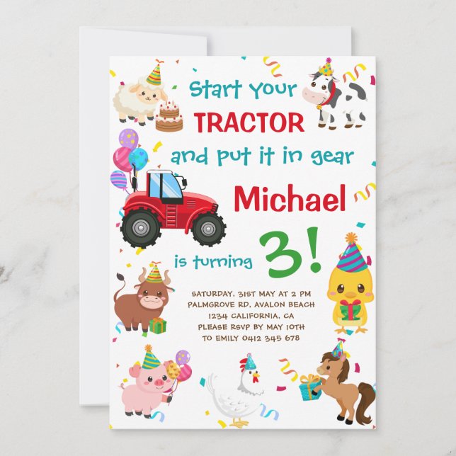 Tractor and Farm Animals Birthday Invitation (Front)