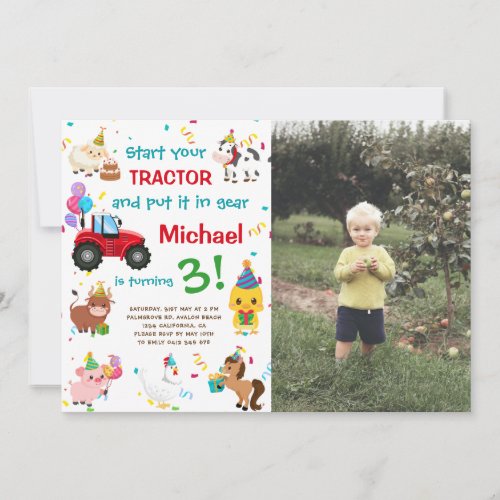 Tractor and Farm Animals  Photo Birthday Invitation