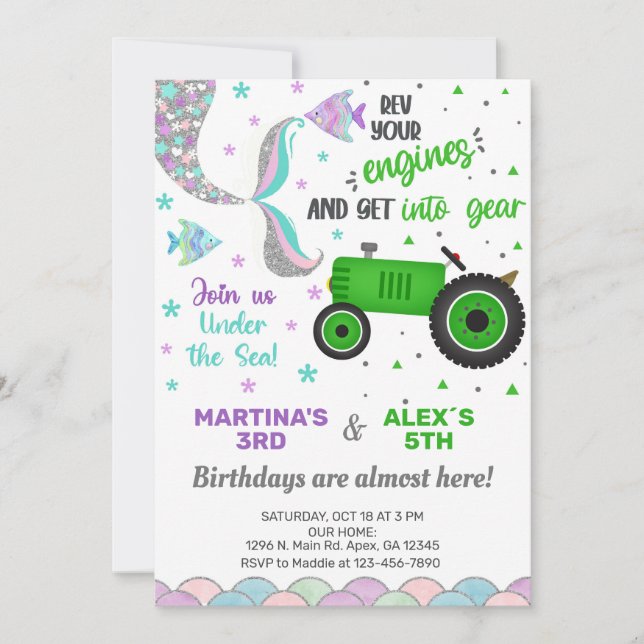 Tractor and Mermaid siblings birthday invite. Invitation (Front)