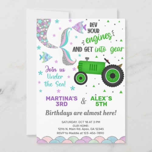 Tractor and Mermaid siblings birthday invite Invitation