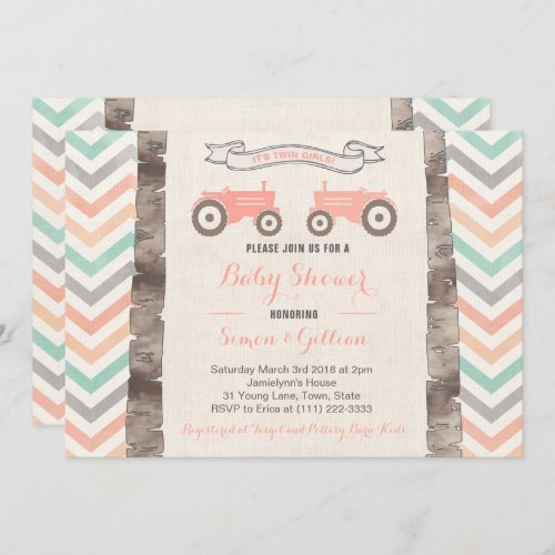 Tractor Aqua Coral Gray Girl Baby Shower Invitation