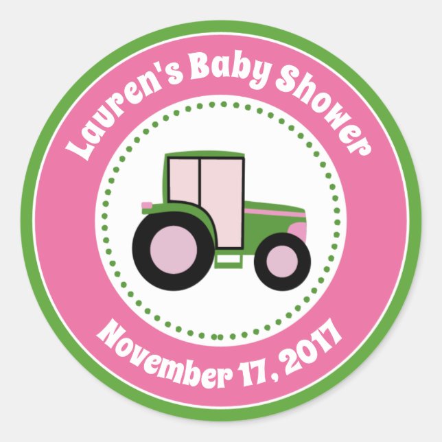 Tractor Baby Shower Favor Stickers Pink Girl (Front)