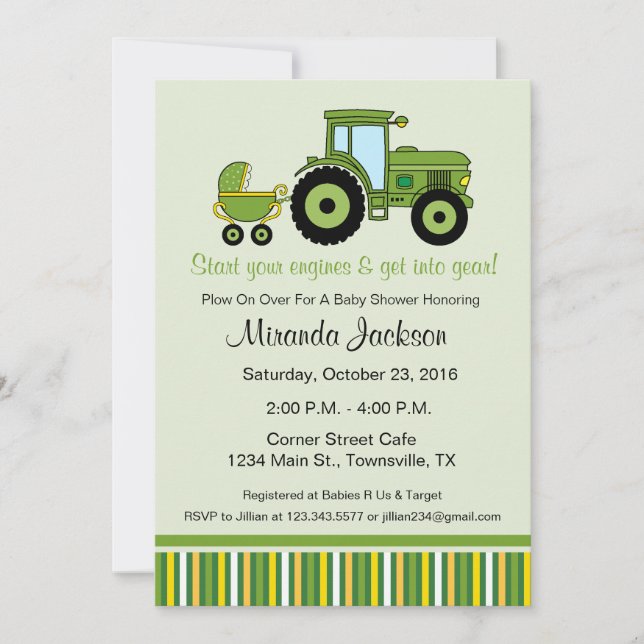 Tractor Baby Shower Invitation green (Front)