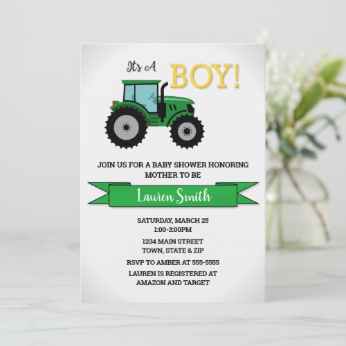 Tractor Baby Shower Invitation Tractor Boy Invitation