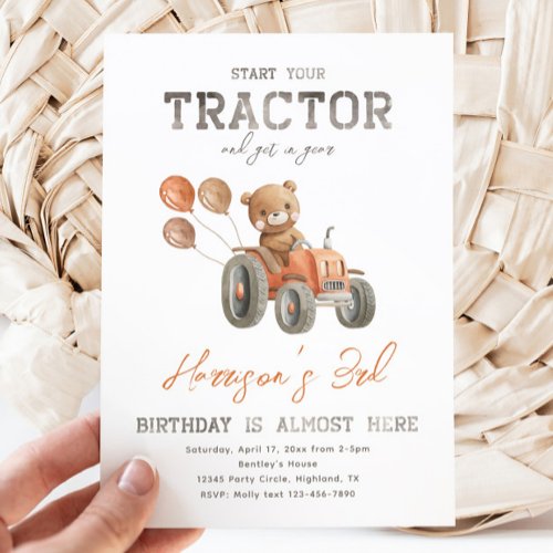 Tractor Bear Birthday Invitations  Tractor Invite