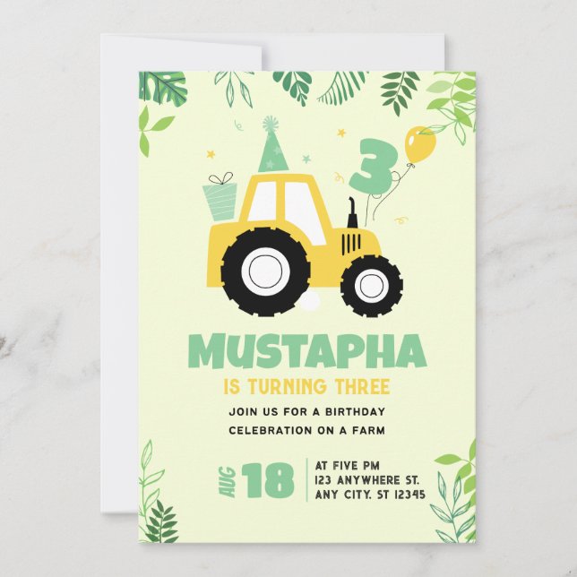 Tractor Birthday  Farm Theme Boy 3rd Birthday Invitation (Front)