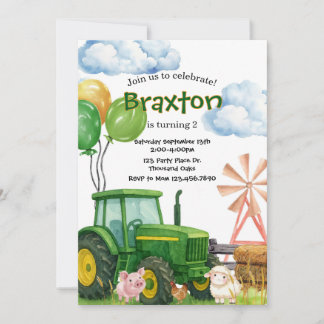 Tractor Birthday, Green Tractor Farm birthday Invitation
