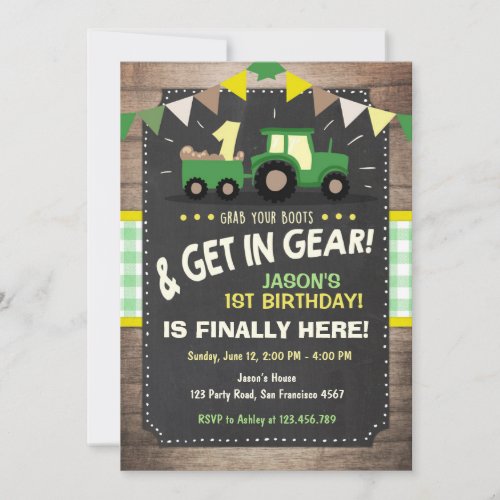 Tractor birthday invitation Farm party Boy Green