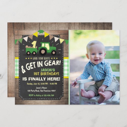 Tractor birthday invitation Farm party Boy Green