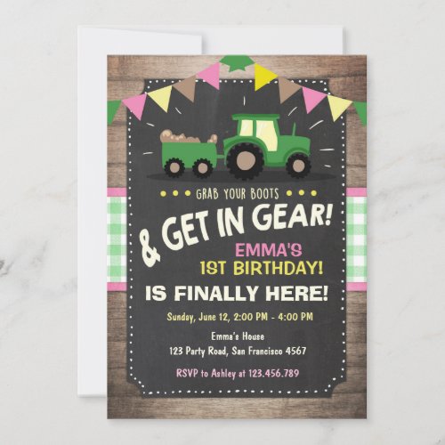 Tractor birthday invitation Farm party Girl Pink