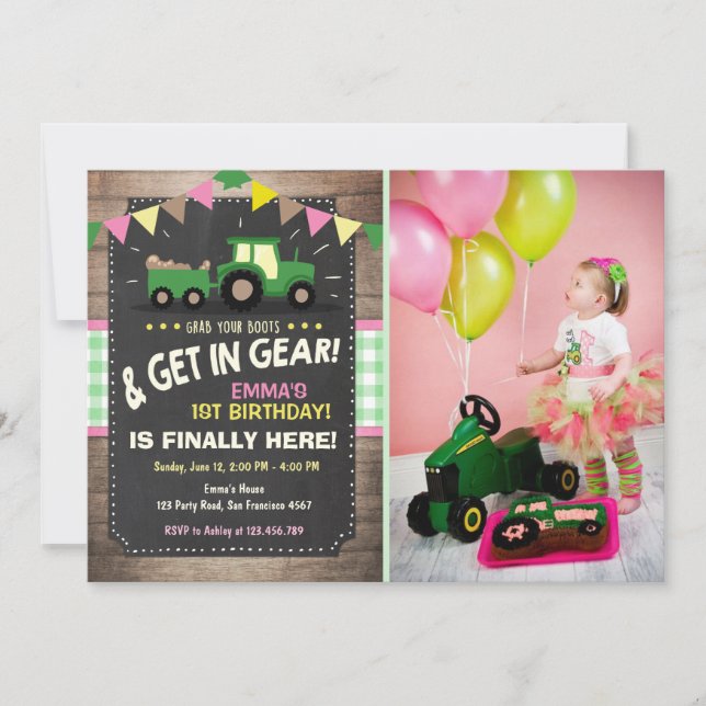 Tractor birthday invitation Farm party Girl pink (Front)