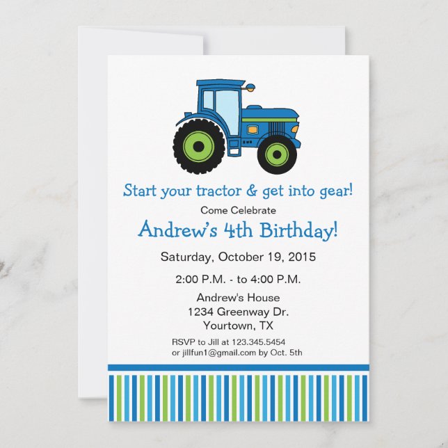 Tractor Birthday Party Invitation in blue (Front)