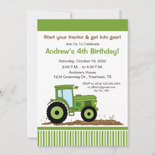 Tractor Birthday Party Invitation in Green