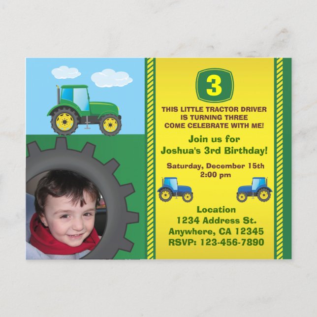 Tractor Birthday Party Invitation Postcard (Front)