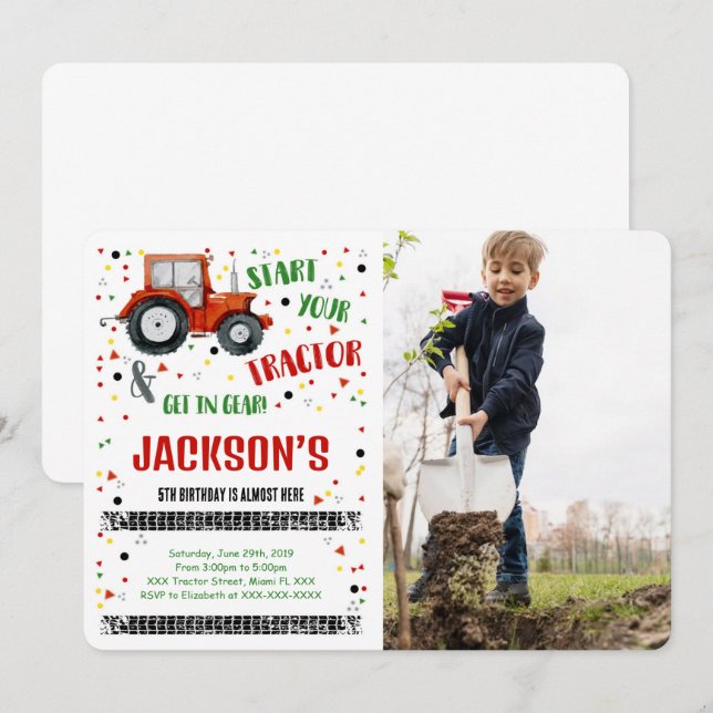 Tractor Birthday Photo Invitation (Front/Back)
