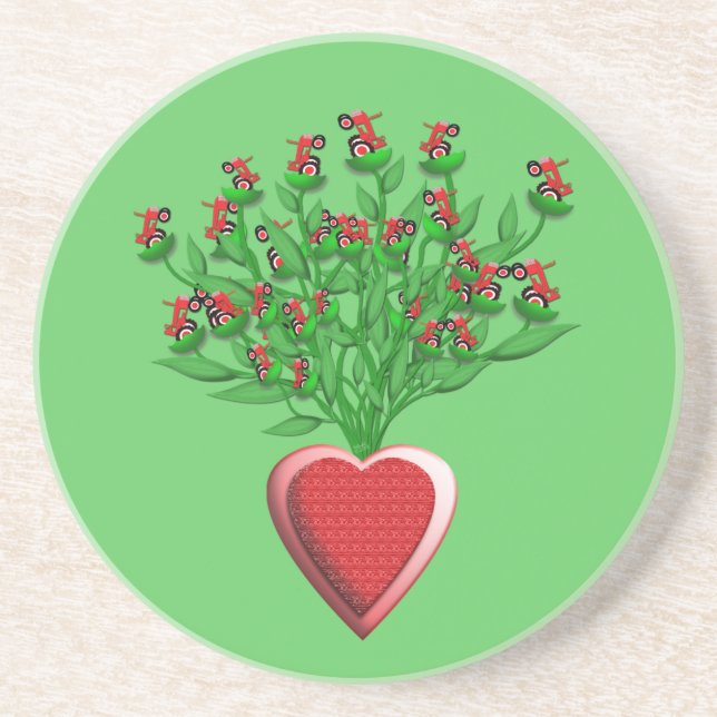 Tractor Bouquet with Red Heart Vase Drink Coaster (Front)