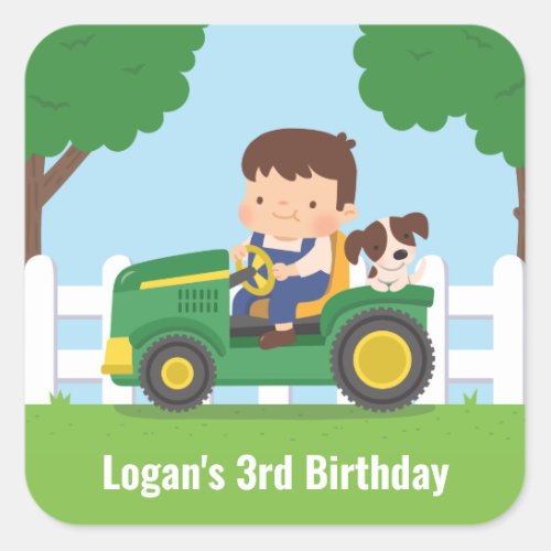 Tractor Boy and Dog Farm Kids Birthday Party Decor Square Sticker