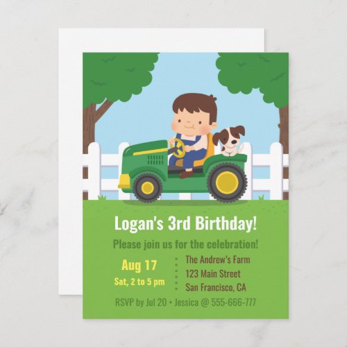 Tractor Boy and Puppy Farm Kids Birthday Party Invitation
