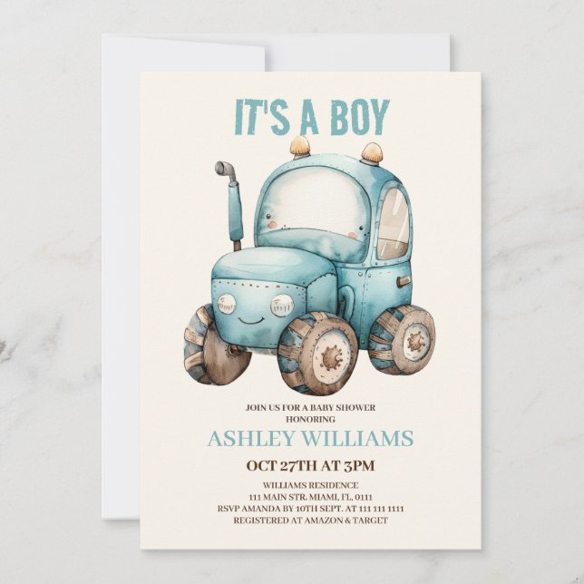Tractor Boy Blue Baby Shower  Invitation (Front)