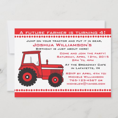 Tractor Boy  Girl Birthday Party Invitation