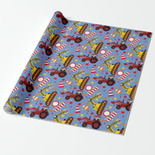 Tractor bulldozer construction polka dot wrapping paper
